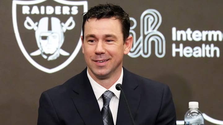 Feb 10, 2026; Henderson, NV, USA; Las Vegas Raiders coach Klint Kubiak speaks at introductory press conference at Intermountain Health Performance Center. Mandatory Credit: Kirby Lee-Imagn Images Feb 10, 2026; Henderson, NV, USA; Las Vegas Raiders coach Klint Kubiak speaks at introductory press conference at Intermountain Health Performance Center. Mandatory Credit: Kirby Lee-Imagn Images
