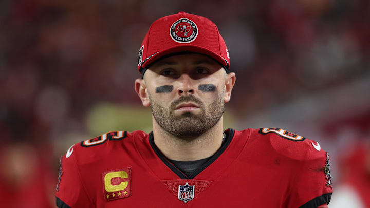 Tampa Bay Buccaneers quarterback Baker Mayfield during the second quarter of a NFC wild card playoff against the Washington Commanders.