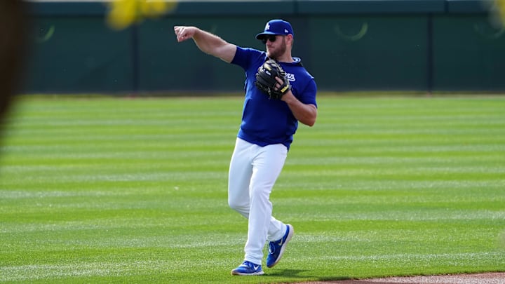 Feb 16, 2025; Glendale, AZ, USA; Los Angeles Dodgers third base Max Muncy (13) throws during a Spring Training workout at Camelback Ranch. Mandatory Credit: Joe Camporeale-Imagn Images Feb 16, 2025; Glendale, AZ, USA; Los Angeles Dodgers third base Max Muncy (13) throws during a Spring Training workout at Camelback Ranch. Mandatory Credit: Joe Camporeale-Imagn Images