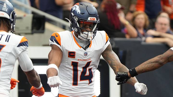 Nov 2, 2025; Houston, Texas, USA; Courtland Sutton celebrates a touchdown. Nov 2, 2025; Houston, Texas, USA; Courtland Sutton celebrates a touchdown.