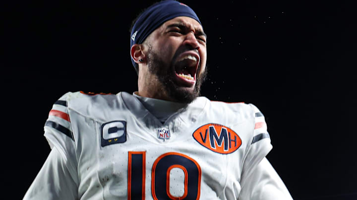 Nov 28, 2025; Philadelphia, Pennsylvania, USA; Chicago Bears quarterback Caleb Williams (18) reacts to a win against the Philadelphia Eagles at Lincoln Financial Field.