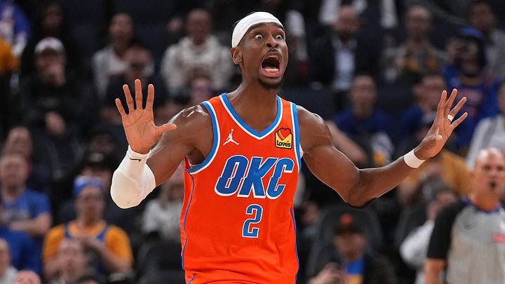 Dec 2, 2025; San Francisco, California, USA; Oklahoma City Thunder guard Shai Gilgeous-Alexander (2) reacts after the ball went out of bounds against the Golden State Warriors in the fourth quarter at the Chase Center. Mandatory Credit: Cary Edmondson-Imagn Images