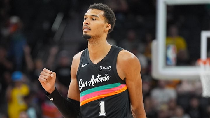 Jan 7, 2026; San Antonio, Texas, USA;  San Antonio Spurs forward/center Victor Wembanyama (1) celebrates in the second half against the Los Angeles Lakers at Frost Bank Center. Mandatory Credit: Daniel Dunn-Imagn Images