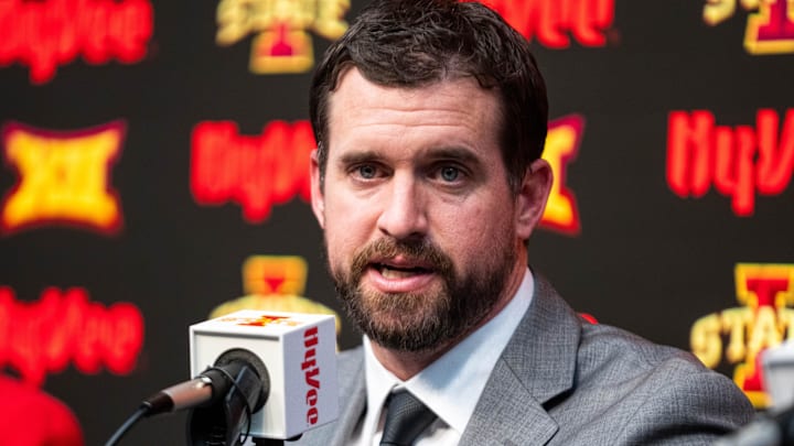 Jimmy Rogers speaks during his introductory press conference as Iowa State’s new head football coach on Dec. 8, 2025, at Iowa State University in Ames, IA.