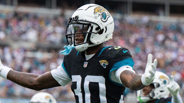 Nov 10, 2024; Jacksonville, Florida, USA; Jacksonville Jaguars cornerback Montaric Brown (30) celebrates his interception against the Minnesota Vikings in the second quarter at EverBank Stadium. Mandatory Credit: Jeremy Reper-Imagn Images Nov 10, 2024; Jacksonville, Florida, USA; Jacksonville Jaguars cornerback Montaric Brown (30) celebrates his interception against the Minnesota Vikings in the second quarter at EverBank Stadium. Mandatory Credit: Jeremy Reper-Imagn Images