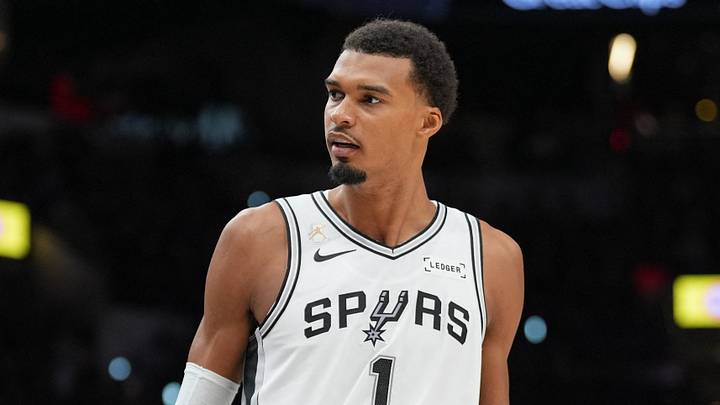Oct 20, 2026; San Antonio, Texas, USA;  San Antonio Spurs forward Victor Wembanyama (1) looks over in the first half against the Oklahoma City Thunder at Frost Bank Center.  Mandatory Credit: Daniel Dunn-Imagn Images
