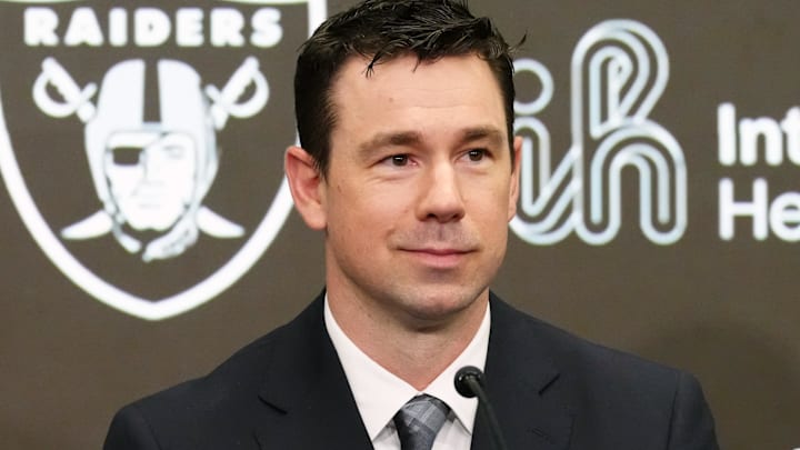 Feb 10, 2026; Henderson, NV, USA; Las Vegas Raiders coach Klint Kubiak speaks at introductory press conference at Intermountain Health Performance Center. Mandatory Credit: Kirby Lee-Imagn Images Feb 10, 2026; Henderson, NV, USA; Las Vegas Raiders coach Klint Kubiak speaks at introductory press conference at Intermountain Health Performance Center. Mandatory Credit: Kirby Lee-Imagn Images