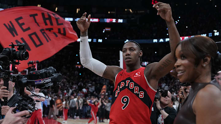 May 1, 2026; Toronto, Ontario, CAN; Toronto Raptors forward RJ Barrett (9) celebrates after scoring the winning basket against the Cleveland Cavaliers during the overtime period  in game six of the first round of the 2026 NBA Playoffs at Scotiabank Arena. Mandatory Credit: Nick Turchiaro-Imagn Images