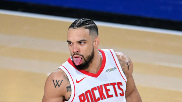 Dec 14, 2024; Las Vegas, Nevada, USA; Houston Rockets forward Dillon Brooks (9) reacts during the first half against the Oklahoma City Thunder in a semifinal of the 2024 Emirates NBA Cup at T-Mobile Arena. Mandatory Credit: Candice Ward-Imagn Images Dec 14, 2024; Las Vegas, Nevada, USA; Houston Rockets forward Dillon Brooks (9) reacts during the first half against the Oklahoma City Thunder in a semifinal of the 2024 Emirates NBA Cup at T-Mobile Arena. Mandatory Credit: Candice Ward-Imagn Images
