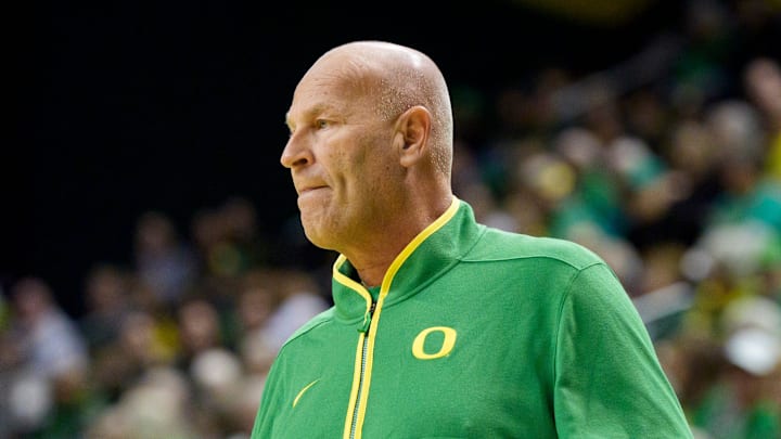 Oregon head coach Kelly Graves watches his team as the Oregon Ducks host the Penn State Nittany Lions on Jan. 24, 2026, at Matthew Knight Arena in Eugene, Oregon.