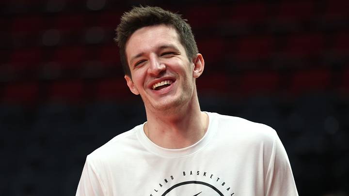 Mar 23, 2026; Portland, Oregon, USA; Portland Trail Blazers guard Vít Krejci (27) reacts during warm ups before the Trail Blazers play against the Brooklyn Nets at Moda Center. Mandatory Credit: Jaime Valdez-Imagn Images
