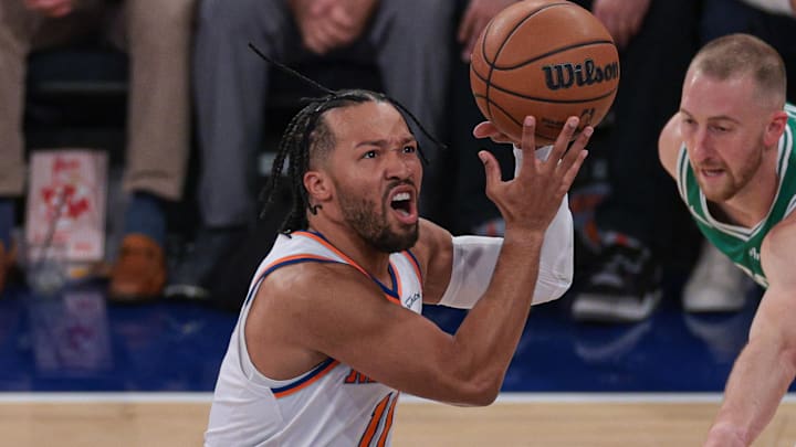 Oct 24, 2025; New York, New York, USA;  New York Knicks guard Jalen Brunson (11) goes to the basket in front of Boston Celtics forward Sam Hauser (30) during the first quarter at Madison Square Garden. Mandatory Credit: Vincent Carchietta-Imagn Images Oct 24, 2025; New York, New York, USA;  New York Knicks guard Jalen Brunson (11) goes to the basket in front of Boston Celtics forward Sam Hauser (30) during the first quarter at Madison Square Garden. Mandatory Credit: Vincent Carchietta-Imagn Images