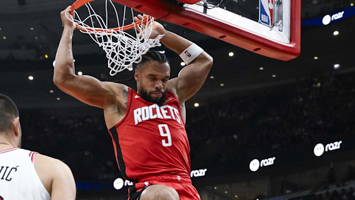 Nov 17, 2024; Chicago, Illinois, USA;  Houston Rockets forward Dillon Brooks (9) dunks the ball against the Chicago Bulls during the first half at United Center. Mandatory Credit: Matt Marton-Imagn Images