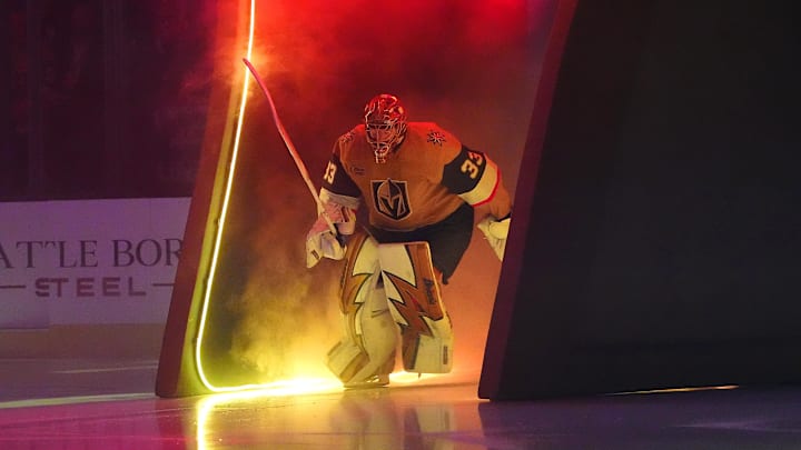 Jan 29, 2026; Las Vegas, Nevada, USA; Vegas Golden Knights goaltender Adin Hill (33) takes the ice before the start of a game against the Dallas Stars at T-Mobile Arena. Mandatory Credit: Stephen R. Sylvanie-Imagn Images