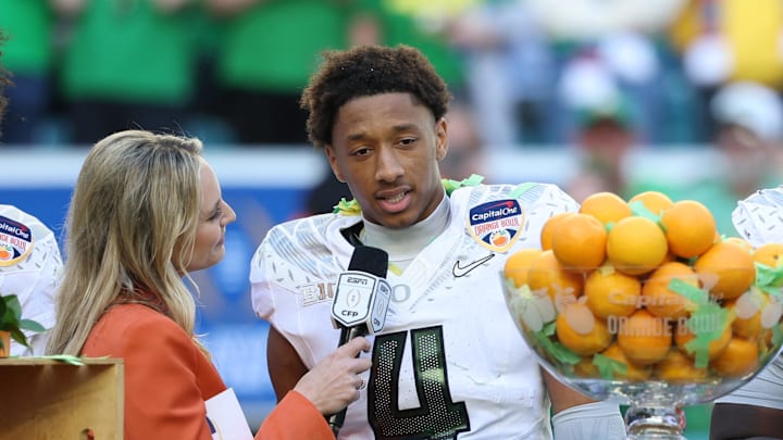 Oregon Ducks defensive back Brandon Finney is interviewed by. ESPN’s Katie George following the 2025 Orange Bowl and quarterfinal game of the College Football Playoff against the Texas Tech Red Raiders at Hard Rock Stadium. 