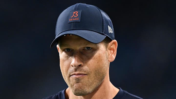Sep 14, 2025; Detroit, Michigan, USA; Chicago Bears head coach Ben Johnson looks on during warmups prior to the game against the Detroit Lions at Ford Field. Mandatory Credit: Lon Horwedel-Imagn Images