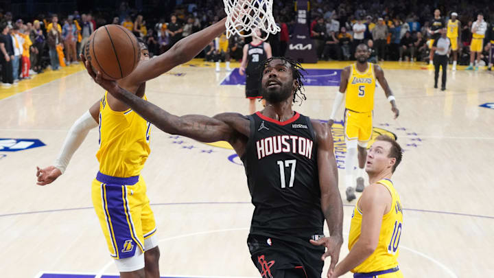 Apr 18, 2026; Los Angeles, California, USA; Houston Rockets forward Tari Eason (17) shoots the ball against the Los Angeles Lakers in the second half during game one of the first round of the 2026 NBA Playoffs at Crypto.com Arena. Mandatory Credit: Kirby Lee-Imagn Images