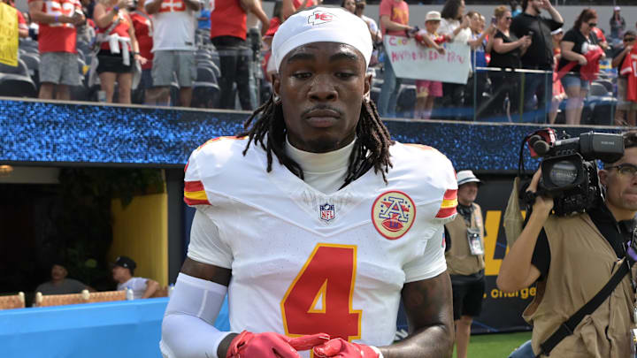 Sep 29, 2024; Inglewood, California, USA; Kansas City Chiefs wide receiver Rashee Rice (4) leaves the field following the game against the Los Angeles Chargers at SoFi Stadium. Mandatory Credit: Jayne Kamin-Oncea-Imagn Images Sep 29, 2024; Inglewood, California, USA; Kansas City Chiefs wide receiver Rashee Rice (4) leaves the field following the game against the Los Angeles Chargers at SoFi Stadium. Mandatory Credit: Jayne Kamin-Oncea-Imagn Images