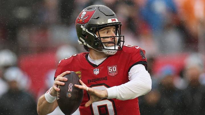 Jan 3, 2026; Tampa, Florida, USA; Tampa Bay Buccaneers quarterback Baker Mayfield (6) throws a pass against the Carolina Panthers in the first half at Raymond James Stadium. Mandatory Credit: Nathan Ray Seebeck-Imagn Images