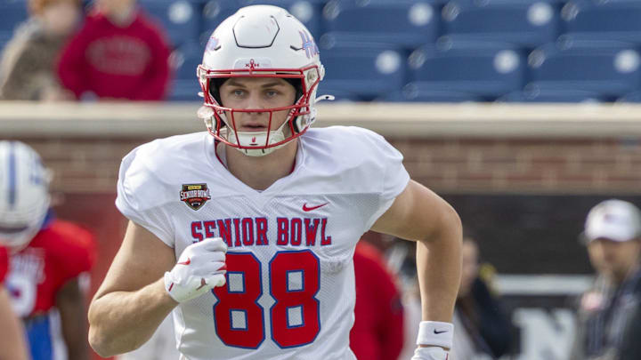 Jan 29, 2026; Mobile, AL, USA; National tight end Tanner Koziol (88) of Houston practices during National Senior Bowl practice at Hancock Whitney Stadium. Mandatory Credit: Vasha Hunt-Imagn Images
