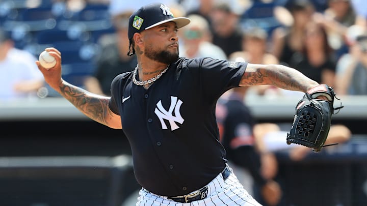 Mar 15, 2026; Tampa, Florida, USA;  New York Yankees starting pitcher Luis Gil (81) throws a pitch during the first inning against the Detroit Tigers at George M. Steinbrenner Field. Mandatory Credit: Kim Klement Neitzel-Imagn Images