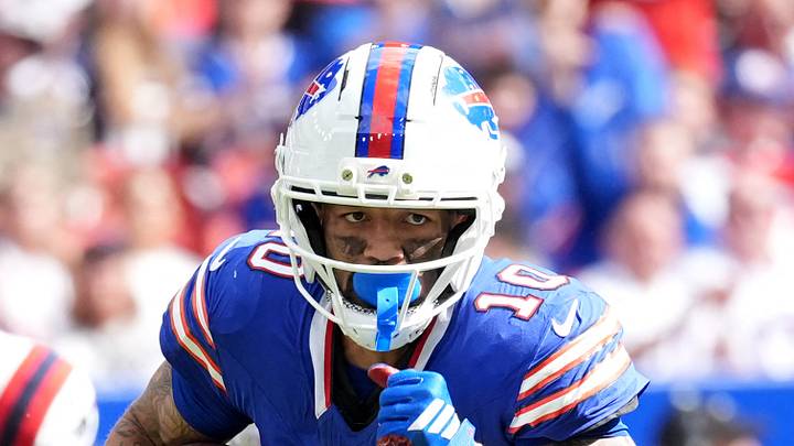 Oct 4, 2026; Orchard Park, New York, USA;  Buffalo Bills wide receiver Khalil Shakir (10) runs after making a catch during the second quarter against the New England Patriots at New Highmark Stadium.  Mandatory Credit: Gregory Fisher-Imagn Images