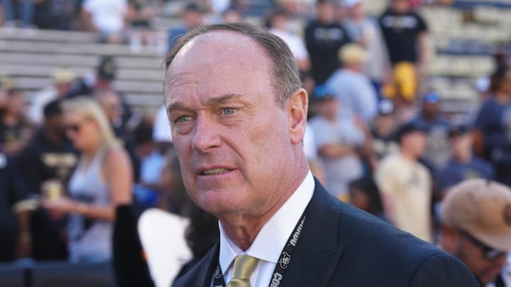 Sep 9, 2023; Boulder, Colorado, USA;  Colorado Buffaloes athletic director Rick George before the game against the Nebraska Cornhuskers at Folsom Field. Mandatory Credit: Ron Chenoy-Imagn Images