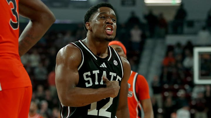Mississippi State Bulldogs guard Josh Hubbard (12) reacts during the final seconds of the second half against the Auburn Tigers at Humphrey Coliseum.