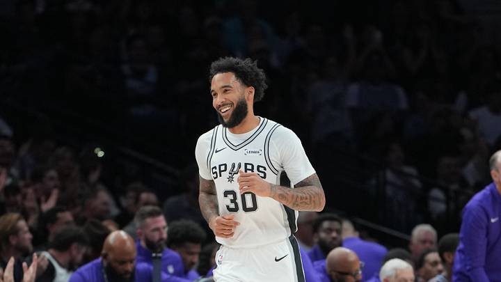 Oct 27, 2026; San Antonio, Texas, USA; San Antonio Spurs forward Julian Champagnie (30) smiles after making a shot in the first half against the Sacramento Kings at Frost Bank Center. Mandatory Credit: Daniel Dunn-Imagn Images Oct 27, 2026; San Antonio, Texas, USA; San Antonio Spurs forward Julian Champagnie (30) smiles after making a shot in the first half against the Sacramento Kings at Frost Bank Center. Mandatory Credit: Daniel Dunn-Imagn Images