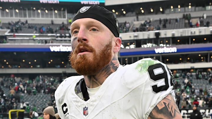 Dec 14, 2025; Philadelphia, Pennsylvania, USA; Las Vegas Raiders defensive end Maxx Crosby (98) on the field after loss to the Philadelphia Eagles at Lincoln Financial Field. Mandatory Credit: Eric Hartline-Imagn Images