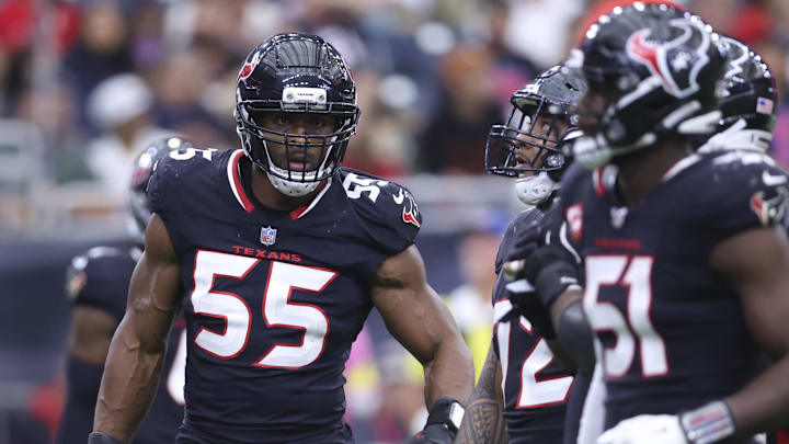 Dec 14, 2025; Houston, Texas, USA; Houston Texans defensive end Danielle Hunter (55) looks towards the sideline during the game against the Arizona Cardinals at NRG Stadium. Mandatory Credit: Troy Taormina-Imagn Images Dec 14, 2025; Houston, Texas, USA; Houston Texans defensive end Danielle Hunter (55) looks towards the sideline during the game against the Arizona Cardinals at NRG Stadium. Mandatory Credit: Troy Taormina-Imagn Images