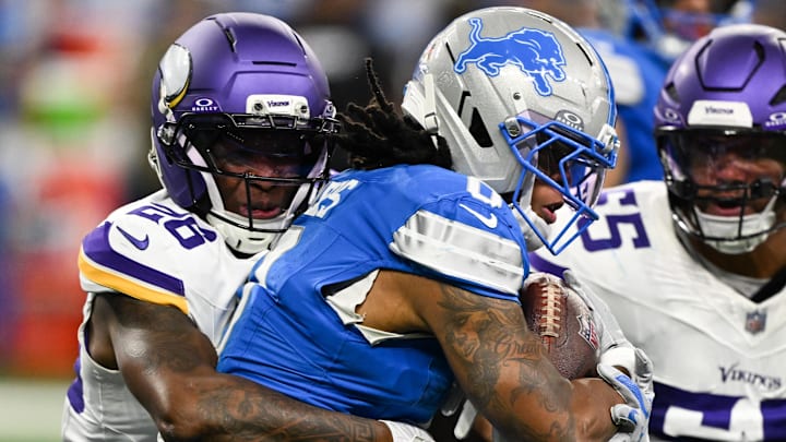 Detroit Lions running back Jahmyr Gibbs (0).