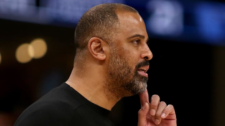 Jan 9, 2025; Memphis, Tennessee, USA; Houston Rockets head coach Ime Udoka react during the first quarter against the Memphis Grizzlies at FedExForum. Mandatory Credit: Petre Thomas-Imagn Images