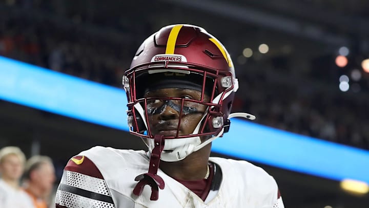 Washington Commanders wide receiver Terry McLaurin reacts after catching the game winning touchdown. Washington Commanders wide receiver Terry McLaurin reacts after catching the game winning touchdown.