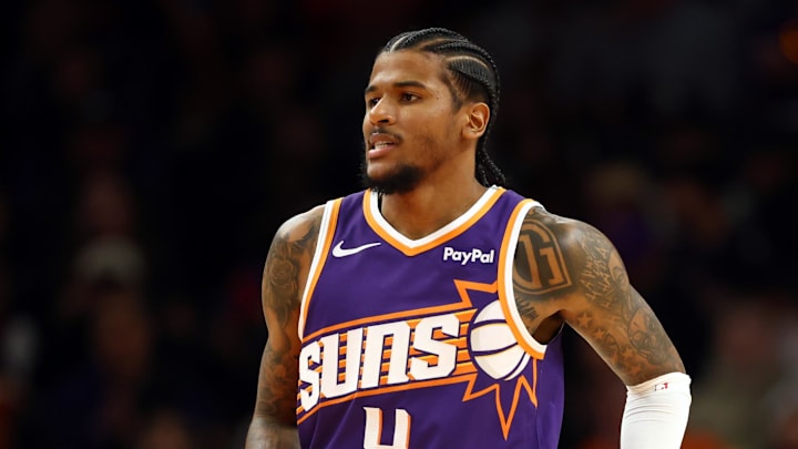 Jan 30, 2026; Phoenix, Arizona, USA; Phoenix Suns guard Jalen Green (4) against the Cleveland Cavaliers at Mortgage Matchup Center. Mandatory Credit: Mark J. Rebilas-Imagn Images Jan 30, 2026; Phoenix, Arizona, USA; Phoenix Suns guard Jalen Green (4) against the Cleveland Cavaliers at Mortgage Matchup Center. Mandatory Credit: Mark J. Rebilas-Imagn Images