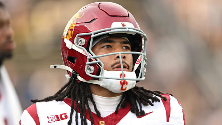 Sep 13, 2025; West Lafayette, Indiana, USA; Southern California Trojans wide receiver Makai Lemon (6) warms up before the game against the Purdue Boilermakers at Ross-Ade Stadium. Mandatory Credit: Marc Lebryk-Imagn Images