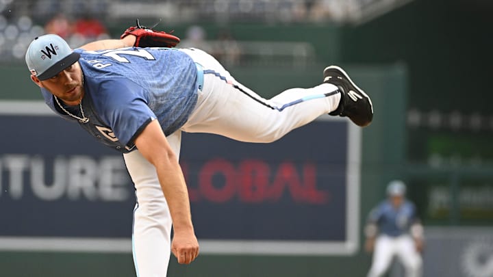 Jun 13, 2025; Washington, District of Columbia, USA; Washington Nationals starting pitcher Mitchell Parker (70) throws to the Miami Marlins during the first inning at Nationals Park. 