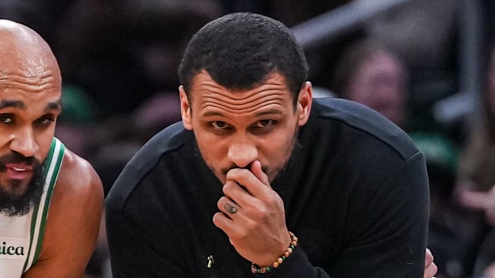Apr 7, 2026; Boston, Massachusetts, USA; Boston Celtics head coach Joe Mazzulla with guard Derrick White (9) from the sideline as they take on the Charlotte Hornets at TD Garden. Mandatory Credit: David Butler II-Imagn Images