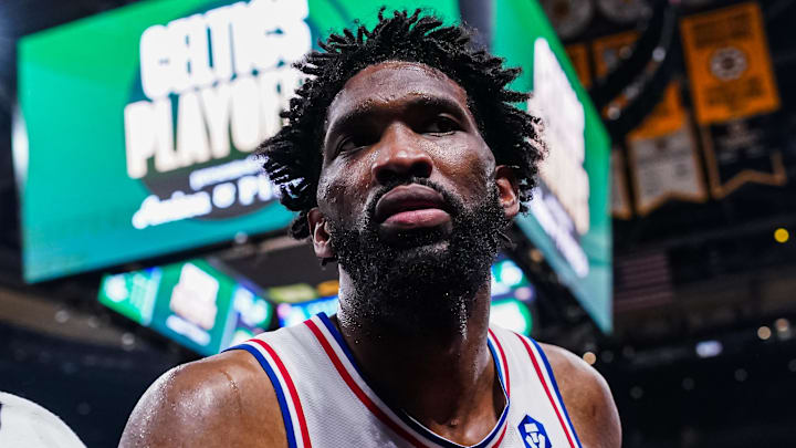 Apr 28, 2026; Boston, Massachusetts, USA; Philadelphia 76ers center Joel Embiid (21) exits the court after the game against the Boston Celtics in game five of the first round of the 2026 NBA Playoffs at TD Garden. Mandatory Credit: David Butler II-Imagn Images