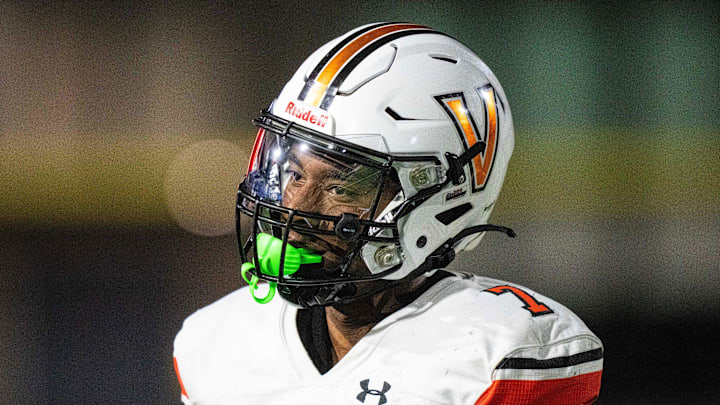 Valley's Jayden McGregory (7) looks to the Southeast Polk sideline after a stop on thrid down on Friday, Aug. 30, 2024, at Southeast Polk Stadium.