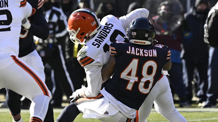 Dec 14, 2025; Chicago, Illinois, USA; Chicago Bears linebacker D'Marco Jackson (48) sacks Cleveland Browns quarterback Shedeur Sanders (12) during the second quarter at Soldier Field. Mandatory Credit: Matt Marton-Imagn Images Dec 14, 2025; Chicago, Illinois, USA; Chicago Bears linebacker D'Marco Jackson (48) sacks Cleveland Browns quarterback Shedeur Sanders (12) during the second quarter at Soldier Field. Mandatory Credit: Matt Marton-Imagn Images