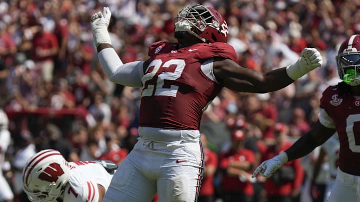 Alabama defensive lineman LT Overton celebrates after sacking Wisconsin quarterback Danny O'Neil.