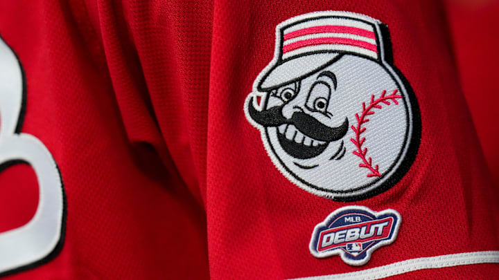 Cincinnati Reds third baseman Elly De La Cruz (44) wears an MLB Debut patch on his jersey in the first inning of the MLB National League game between the Cincinnati Reds and the LA Dodgers at Great American Ball Park in downtown Cincinnati on Tuesday, June 6, 2023. The Reds won 9-8 on a walk-off, bases loaded, single off the bat of shortstop Matt McLain (9) in the bottom of the ninth.