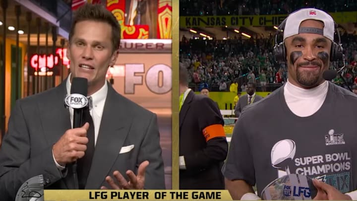 Tom Brady awards Jalen Hurts with his "LFG Player of the Game" award after Super Bowl LIX.