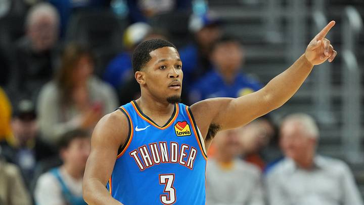 Jan 2, 2026; San Francisco, California, USA; Oklahoma City Thunder guard Chris Youngblood (3) during the fourth quarter against the Golden State Warriors at Chase Center. Mandatory Credit: Darren Yamashita-Imagn Images