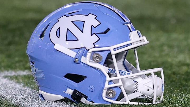 Oct 28, 2023; Atlanta, Georgia, USA; A detailed view of a North Carolina Tar Heels helmet on the field before a game against the Georgia Tech Yellow Jackets at Bobby Dodd Stadium at Hyundai Field. Mandatory Credit: Brett Davis-Imagn Images