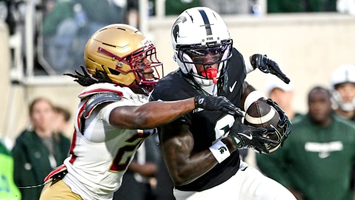 Michigan State's Nick Marsh, right, catches a touchdown pass as Boston College's Amari Jackson attempts to make the tackle during the first quarter on Saturday, Sept. 6, 2025, at Spartan Stadium in East Lansing. Michigan State's Nick Marsh, right, catches a touchdown pass as Boston College's Amari Jackson attempts to make the tackle during the first quarter on Saturday, Sept. 6, 2025, at Spartan Stadium in East Lansing.