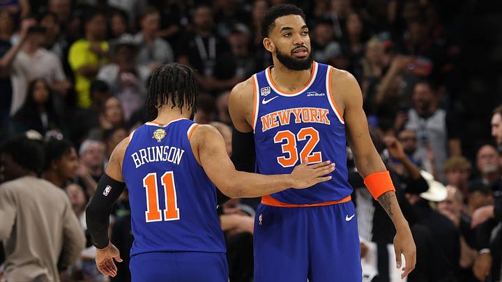 Jun 13, 2026; San Antonio, Texas, USA; New York Knicks guard Jalen Brunson (11) hugs Knicks center Karl-Anthony Towns (32) prior to the opening tip against the San Antonio Spurs in game five of the 2026 NBA Finals at Frost Bank Center. Mandatory Credit: Geoff Burke-Imagn Images