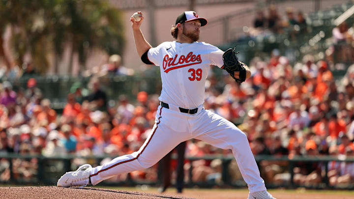 Feb 24, 2024; Sarasota, Florida, USA; Baltimore Orioles starting pitcher Corbin Burnes (39) throws a