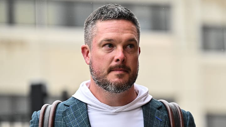 Nov 8, 2025; Iowa City, Iowa, USA; Oregon Ducks head coach Dan Lanning enters Kinnick Stadium before the game against the Iowa Hawkeyes. Mandatory Credit: Jeffrey Becker-Imagn Images
